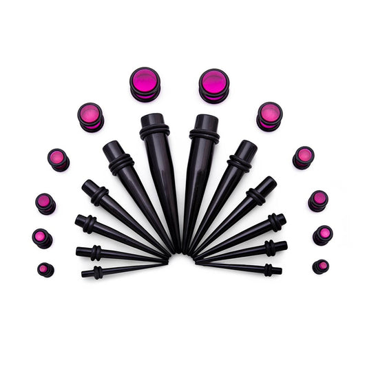 Ear Stretching Kit — 8g–00g Black Acrylic Tapers and Purple Plugs — 24 Pieces