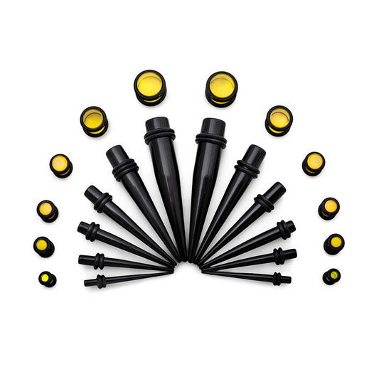 Ear Stretching Kit — 8g–00g Black Acrylic Tapers and Yellow Plugs — 24 Pieces