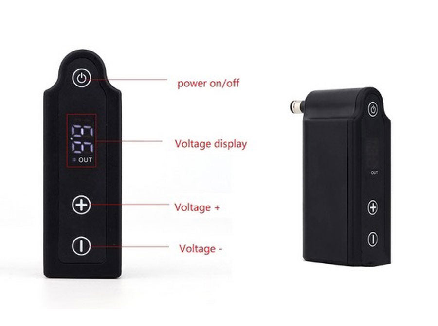 Labeled diagram of the front of RCA battery pack; top to bottom: power button