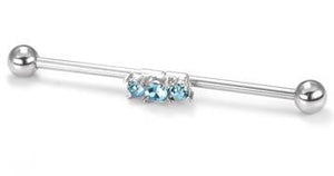 14g 1.5" Aqua Tri-Stone Industrial Barbell - Painful Pleasures