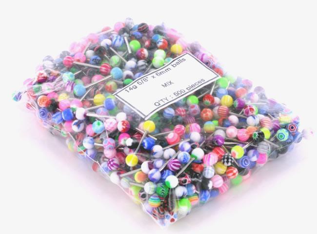 14g 5/8” Acrylic Ball Straight Barbell- 500 Piece Deal- Packaged