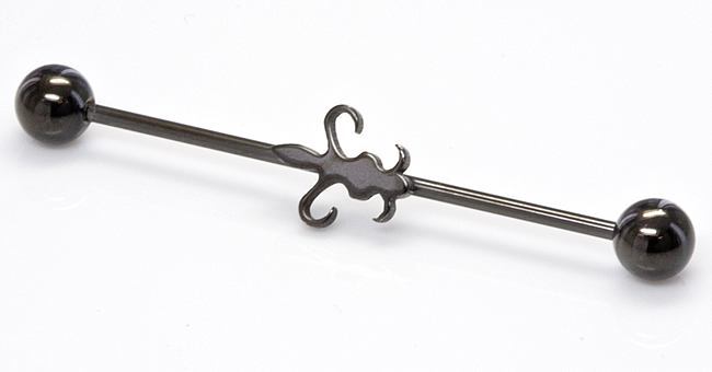 16g 1 3/8” Black Fleur de Lis Industrial Barbell- Front View