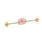 14g 1-1/2” Steel Industrial Barbell with Gold PVD Coating and Pink Opal Lotus Flower Charm