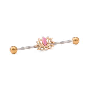 14g 1-1/2” Steel Industrial Barbell with Gold PVD Coating and Pink Opal Lotus Flower Charm - Painful Pleasures
