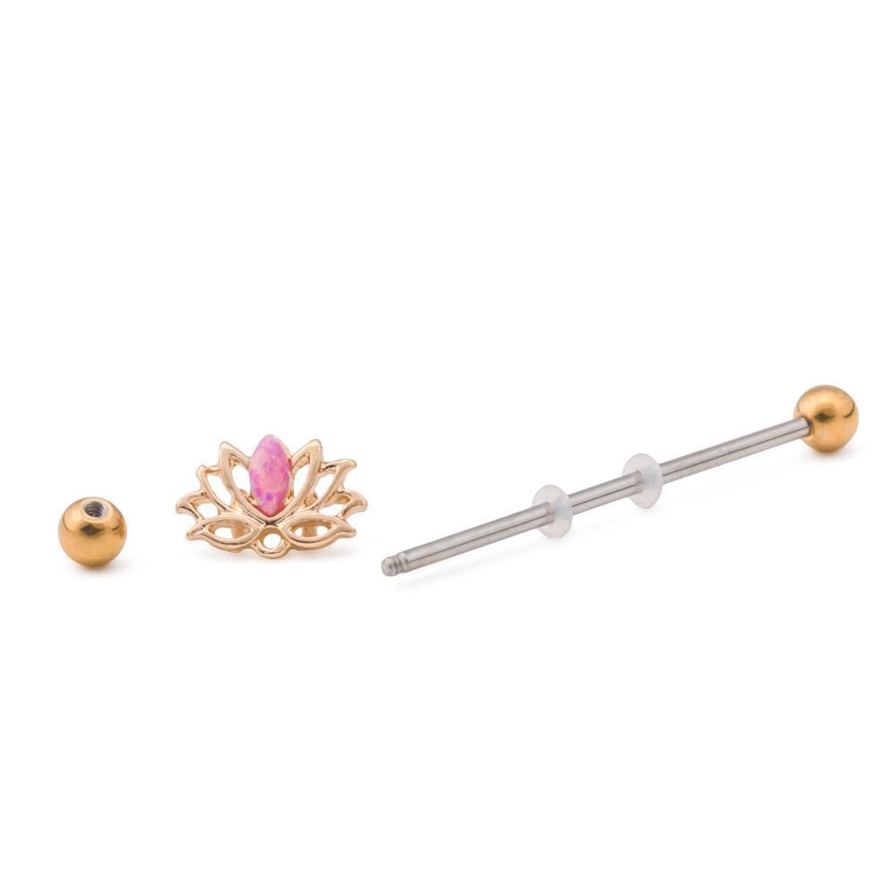 14g 1 1/2” Industrial Barbell with Pink Opal Lotus Flower Charm