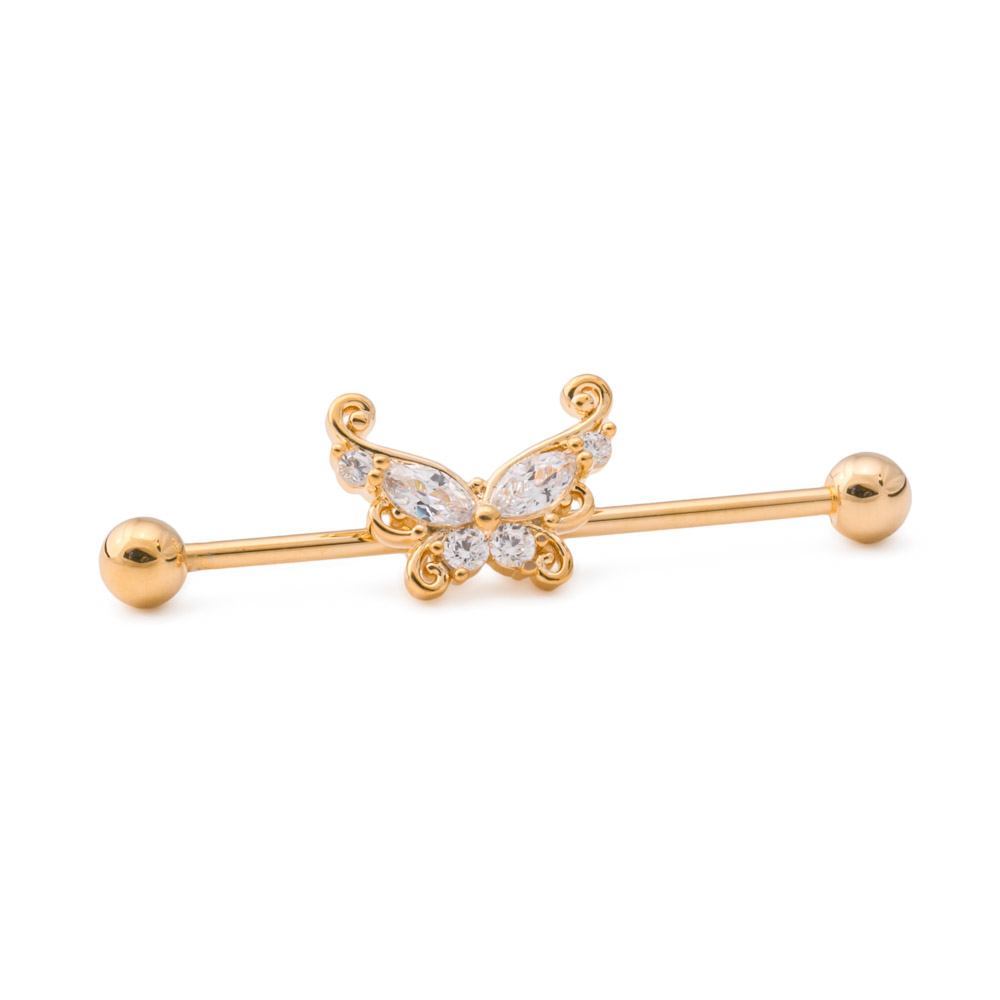 14g 1-3/8” Gold-Plated Industrial Barbell with Curlicue Butterfly Charm