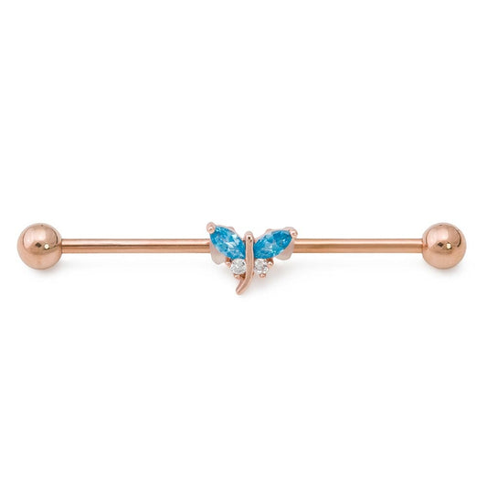 14g 1-1/2” PVD Rose Gold Jeweled Dragonfly Industrial Barbell