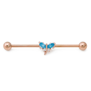 14g 1-1/2” PVD Rose Gold Jeweled Dragonfly Industrial Barbell - Painful Pleasures