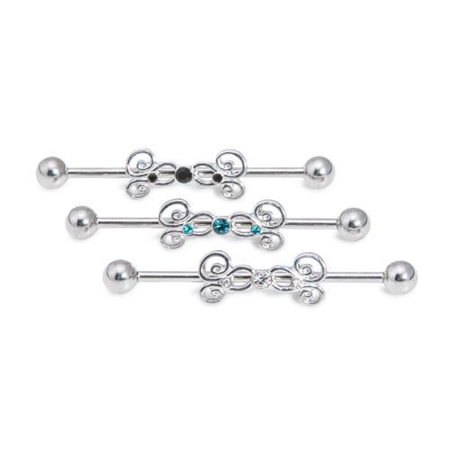 14g 1 3/8” Industrial Barbell with Sterling Silver Plated Brass Jeweled Charm
