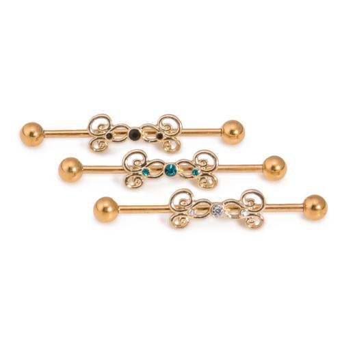 14g 1 3/8” PVD Coated Industrial Barbell with Gold Plated Brass Jeweled Charm
