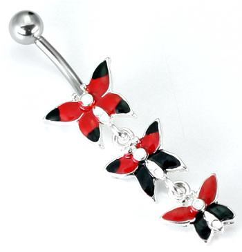 14g 7/16" Red Hot Triple Butterfly Dangling Belly Ring