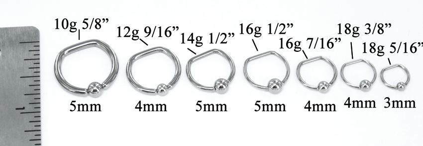 12g Stainless Steel D-Ring Size Chart