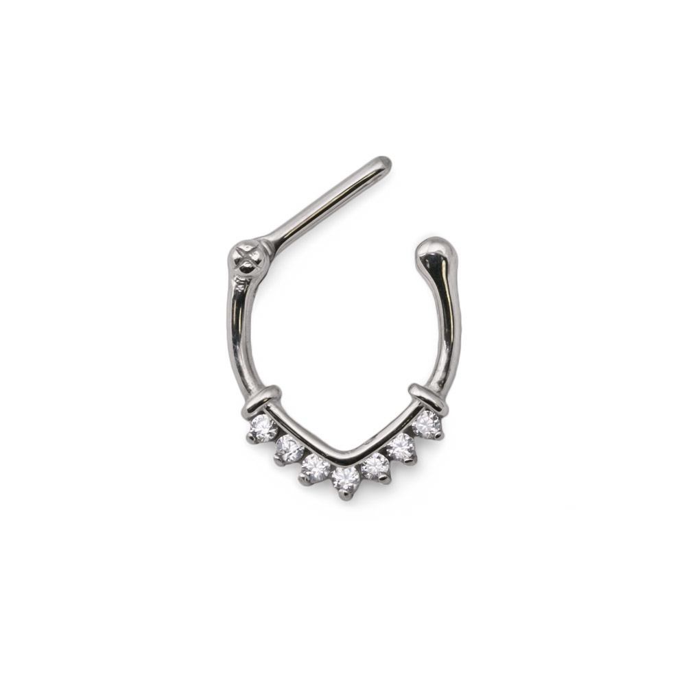 16g Steel Septum Clicker — V-Shaped Ring with Crystals