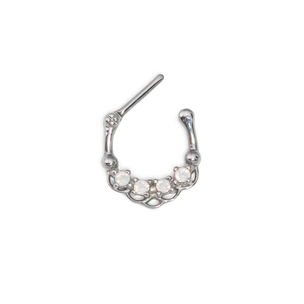 16g Steel Septum Clicker with Four Opals and Fish Scale Design