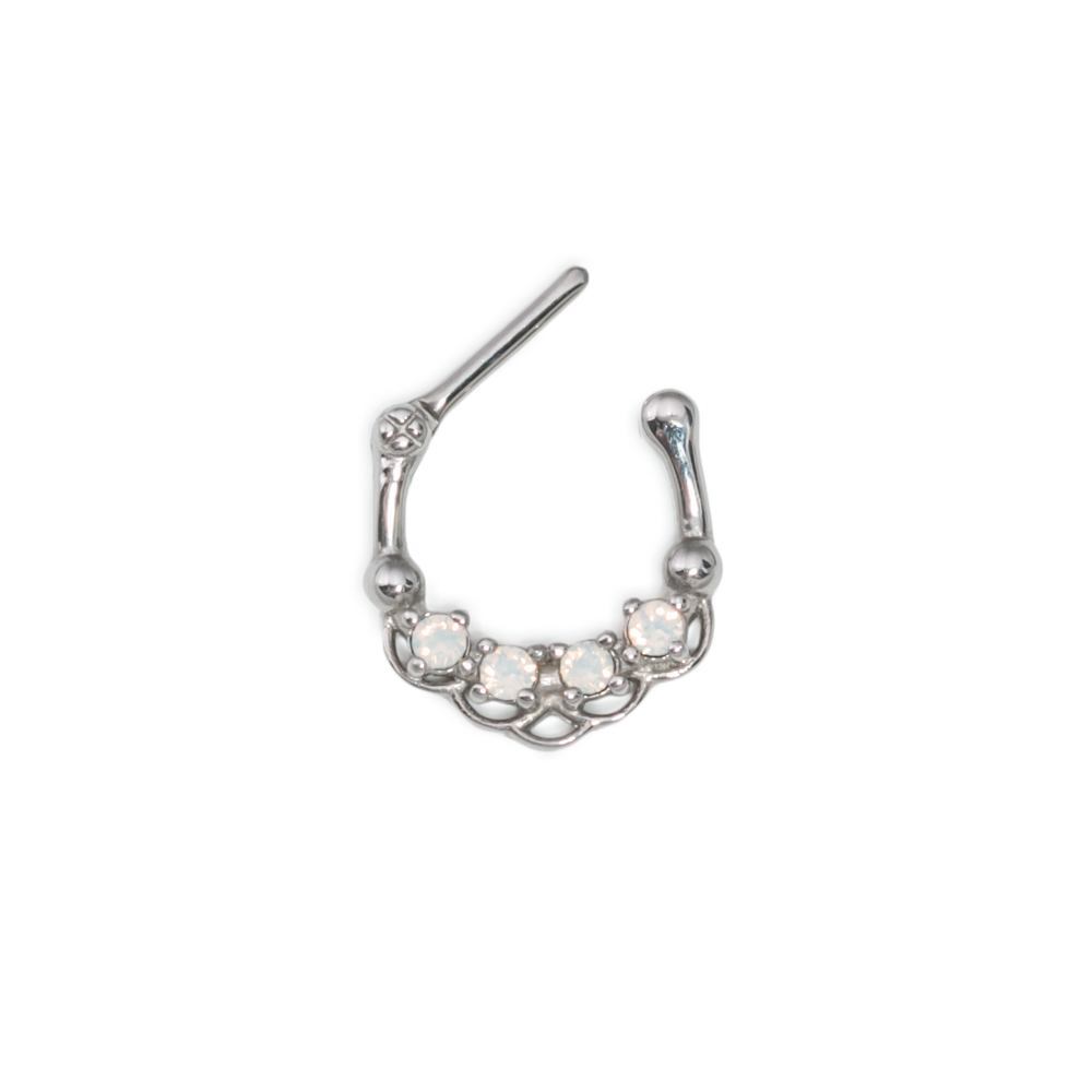 16g Steel Septum Clicker with Four Opals and Fish Scale Design