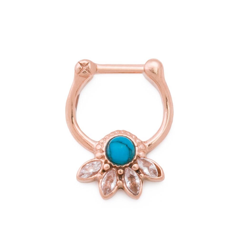 16g Turquoise Jeweled Lotus PVD Rose Gold Septum Clicker