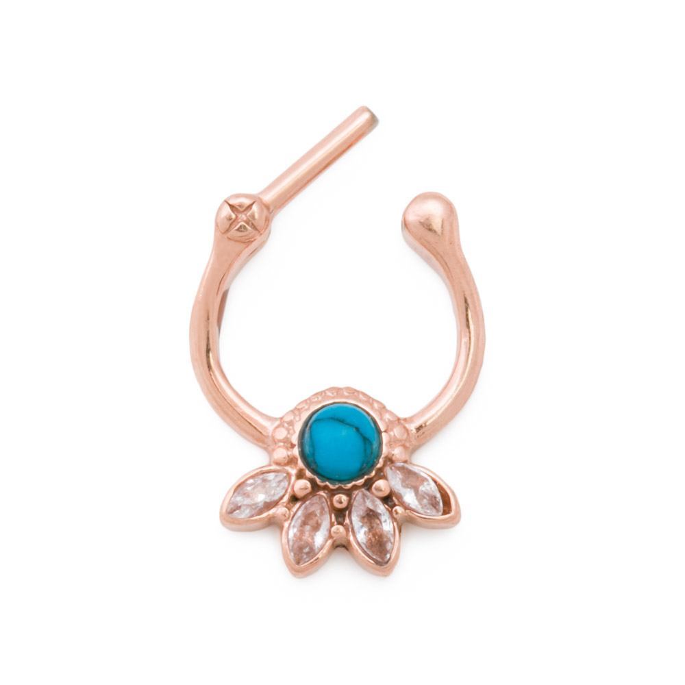 Turquoise Jeweled Lotus PVD Rose Gold Septum Clicker