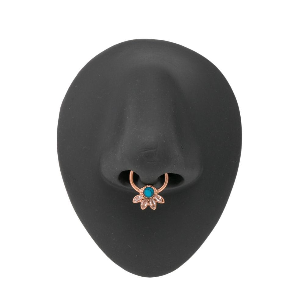 Turquoise Jeweled Lotus PVD Rose Gold Septum Clicker — Open Clicker Mechanism
