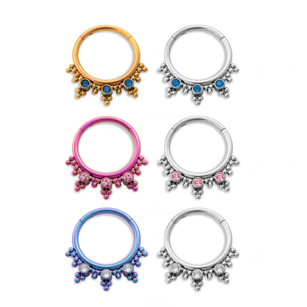 16g Triple Jeweled Bead Clusters Titanium Septum Clicker (open and closed)