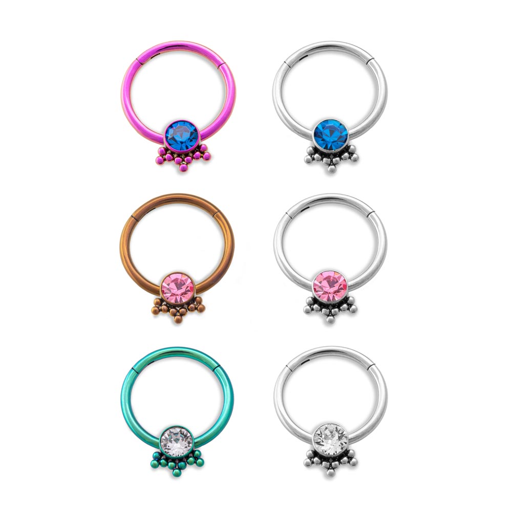 16g Single Jeweled Bead Clusters Titanium Septum Clicker (crystal)