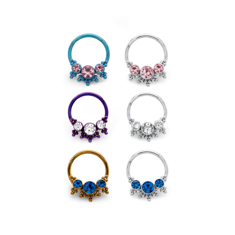 16g Titanium Jeweled Triad Bead Clusters Septum Clicker (Light Rose)