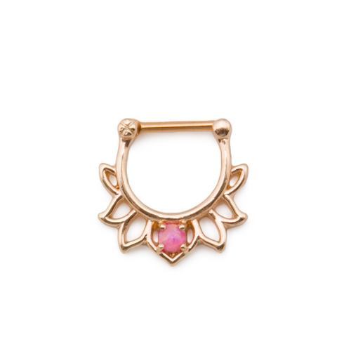16g Steel Septum Clicker with Gold PVD Coating and Pink Opal Lotus Flower Design — Price Per 1