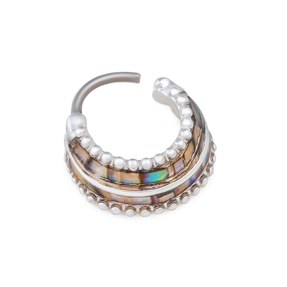Rhodium Plated Brass-Cast Septum Jewelry with 16g Steel Pin — Clicker Ring with Abalone Shell Paper Accents and Micron Beading