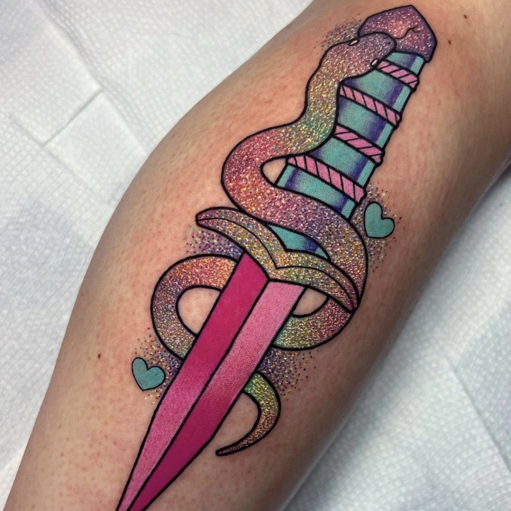 Glittery dagger tattoo by Amanda Graves
