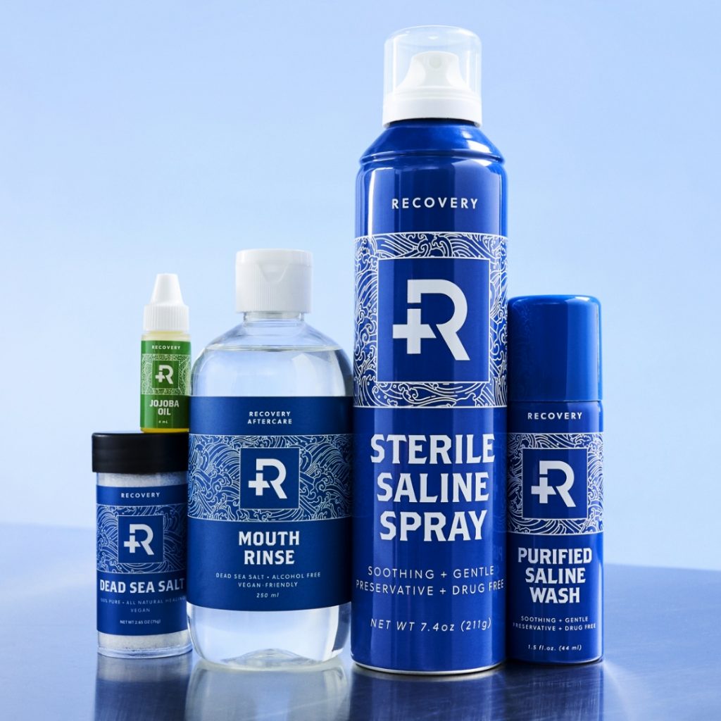 Close-up of Recovery piercing aftercare bottles