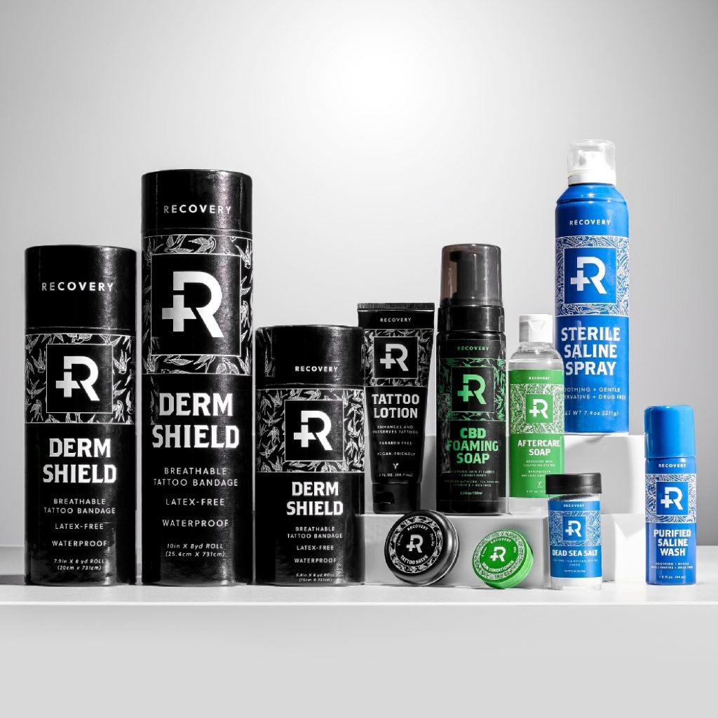 Group shot of Recovery Aftercare supplies on a white table