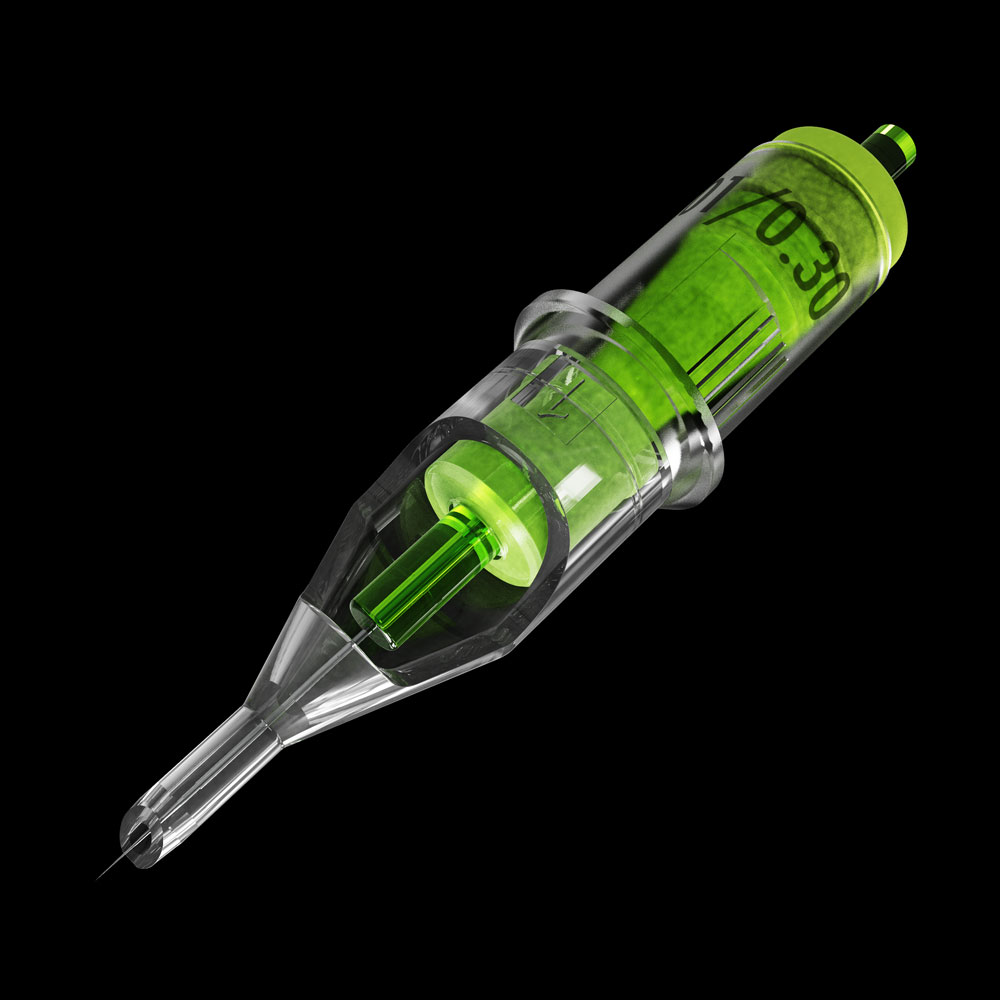 Close up of round liner needle cartridge