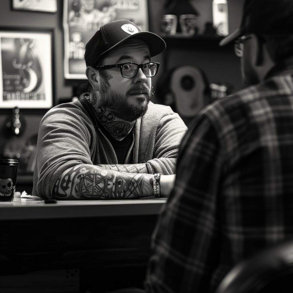Tattoo artist and client bonding at a front desk