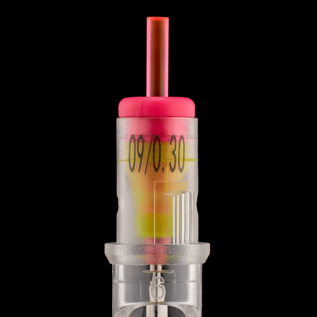 Close-up of a color-coded backstem on a Peak needle cartridge