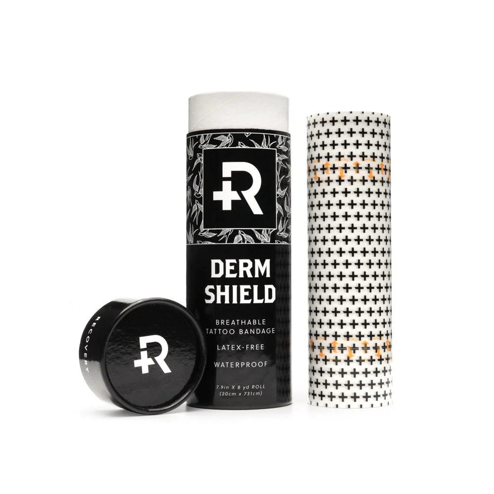 One roll of Recovery Derm Shield tattoo bandage on a white backdrop