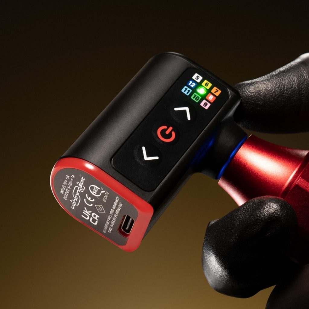 Close-up of FK Irons battery pack on the back of a tattoo machine