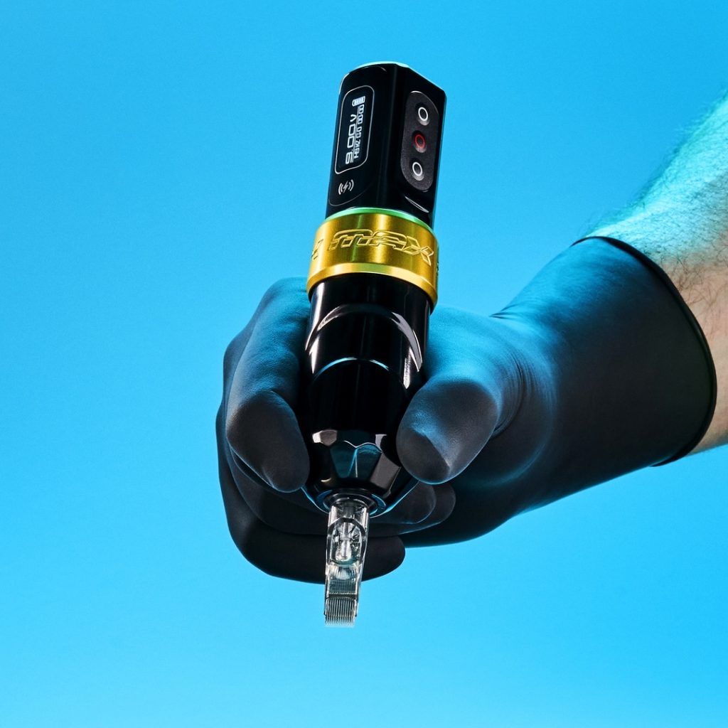 Close-up of the FK Irons Flux Max tattoo machine