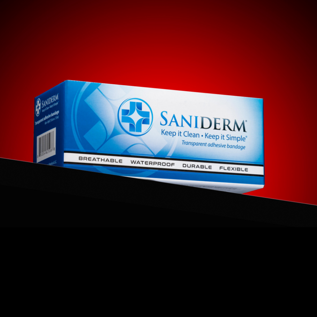 Box of Saniderm adhesive bandages.