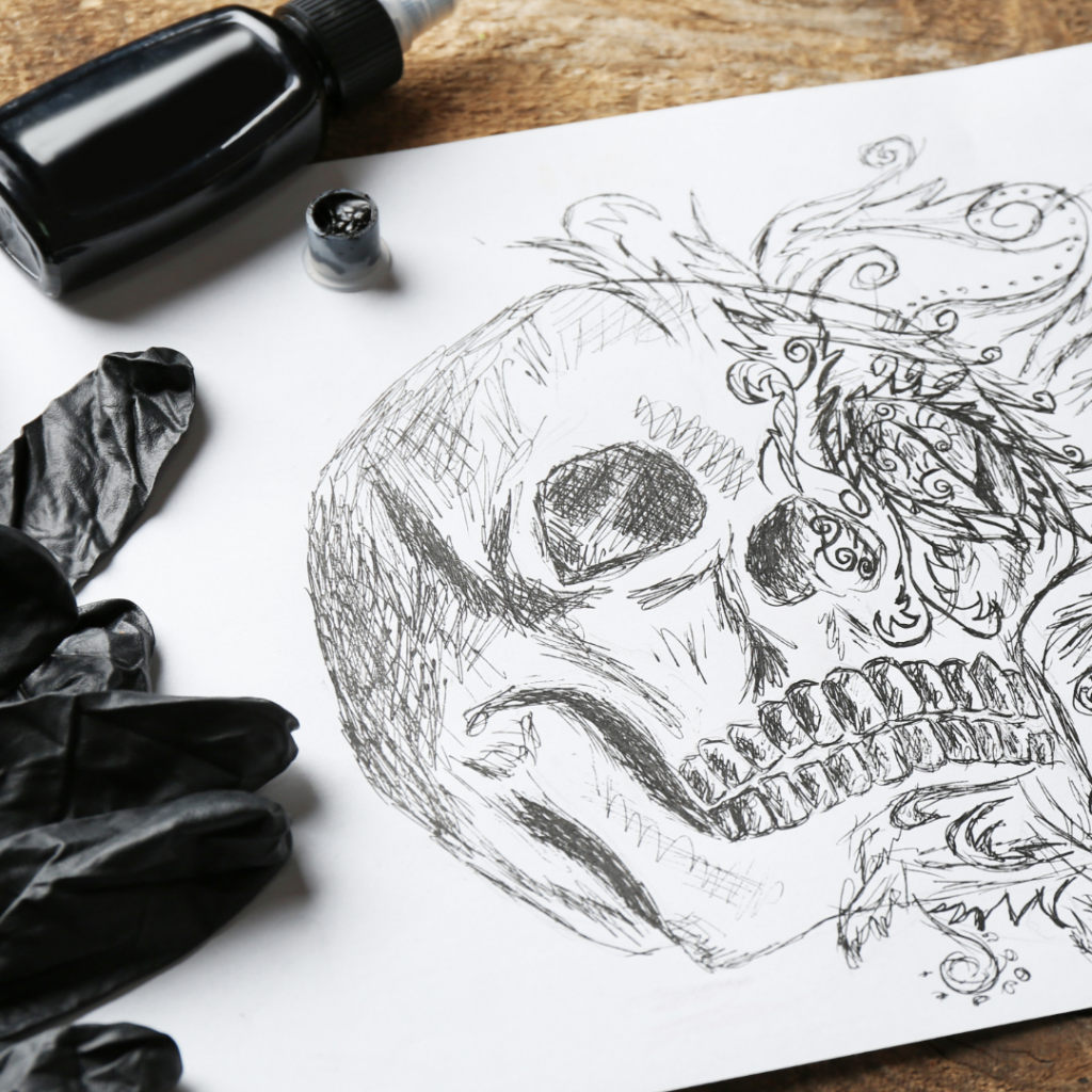 Artist sketch of a skull with designs.