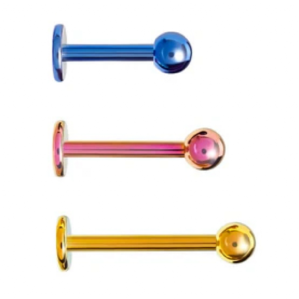 Three (blue, pink, gold) labret studs; shortest to longest.