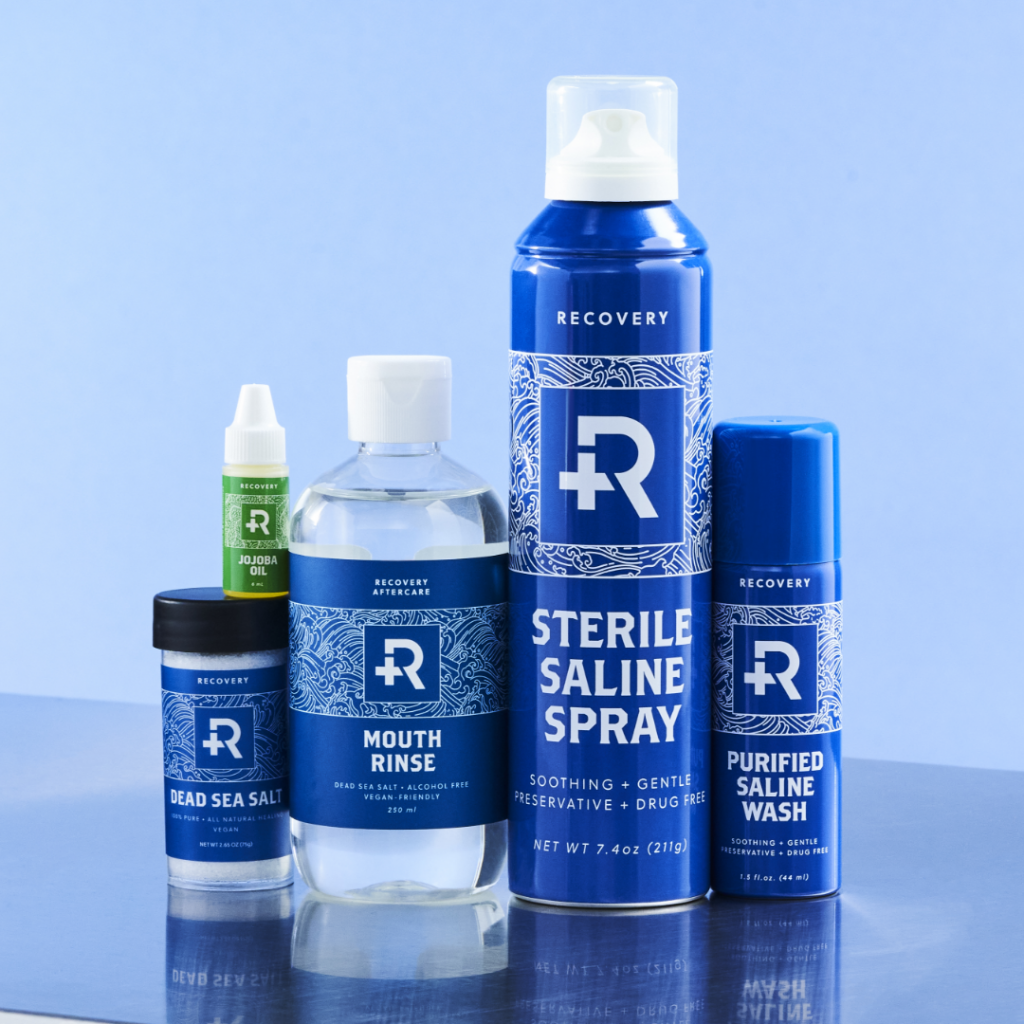 Various bottles of Recovery Aftercare products.