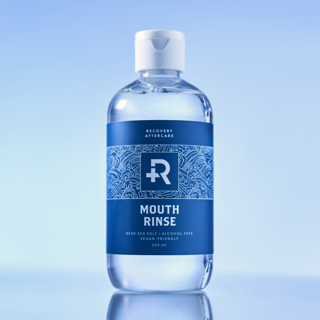 A bottle of Recovery Mouth Rinse.