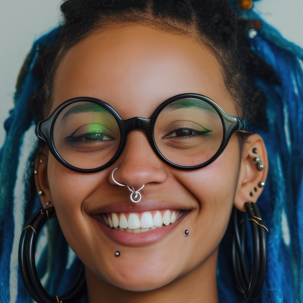 A woman with multiple piercings smiling.