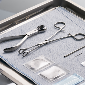 Stainless steel medical tray full of piercing supplies