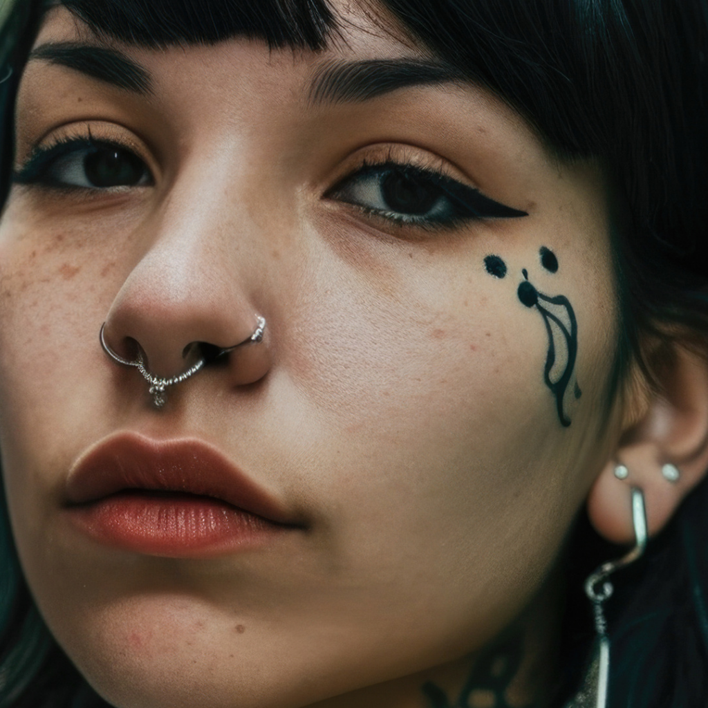 A woman with curated nose and stacked ear piercings.