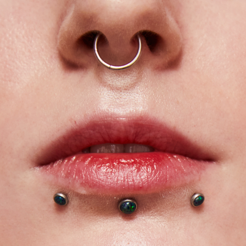 A close-up of a septum and three lip labret piercings.
