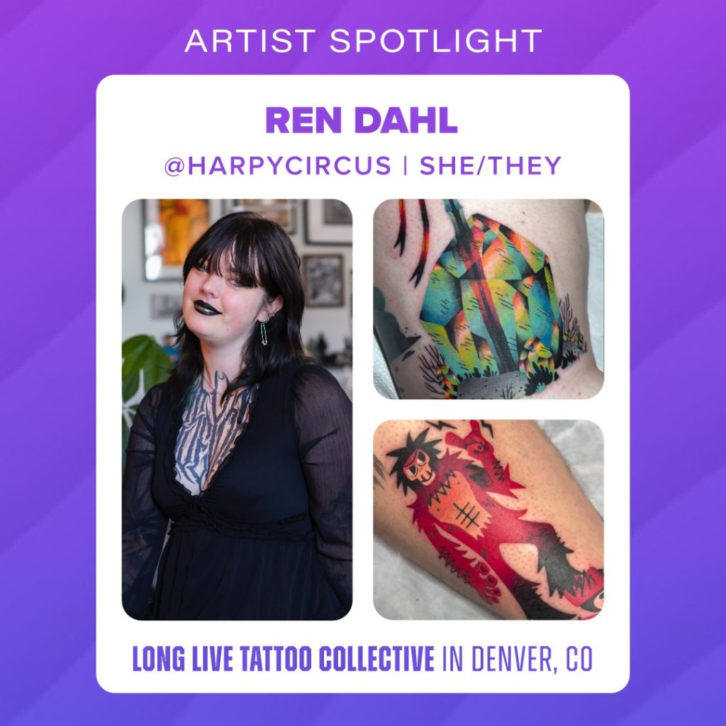 Tattoo artist next to collage of their work